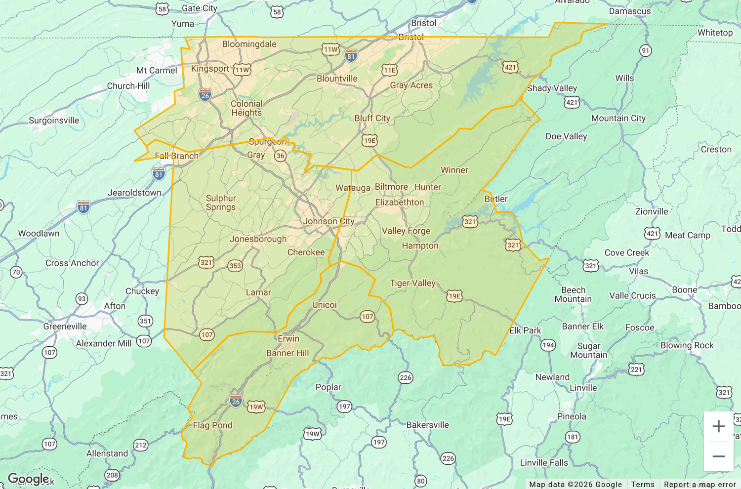 Map of Trusty Tri Handyman service counties in Northeast Tennessee